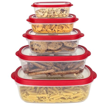 HDS TRADING 5 Piece SpillProof  Rectangle Plastic Food Storage  Container with Ventilated, SnapOn  Lids, Red ZOR95980